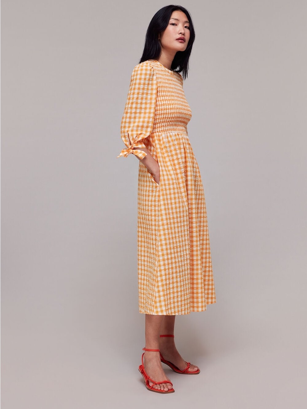 Whistles Orange Gingham Check Shirred Dress Size 14